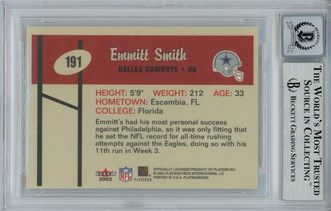 Emmitt Smith Signed 2002 Fleer Platinum #191 Trading Card Beckett 10 Slab 35083