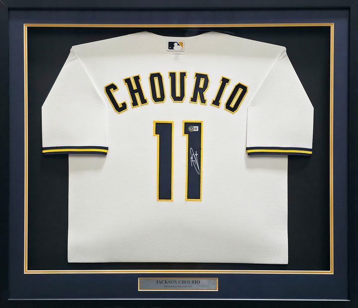 Jackson Chourio Signed Framed Brewers Cream Nike Jersey BAS Witness