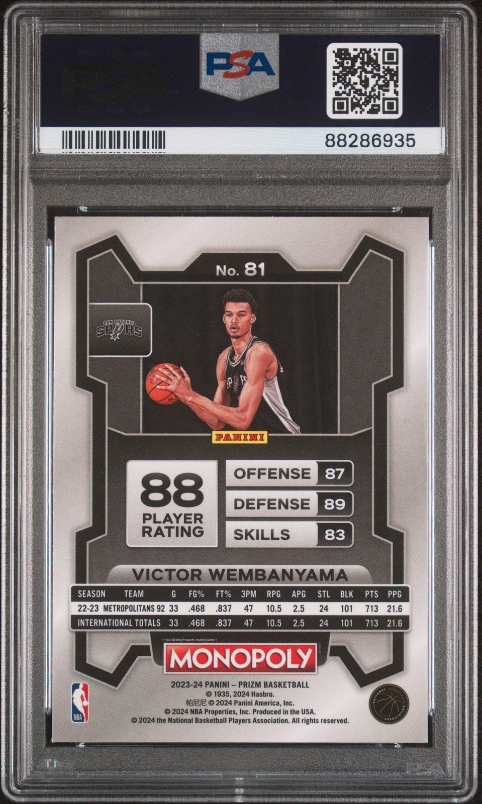 Graded 2023 Prizm Monopoly Victor Wembanyama #81 RC Basketball Card PSA 10