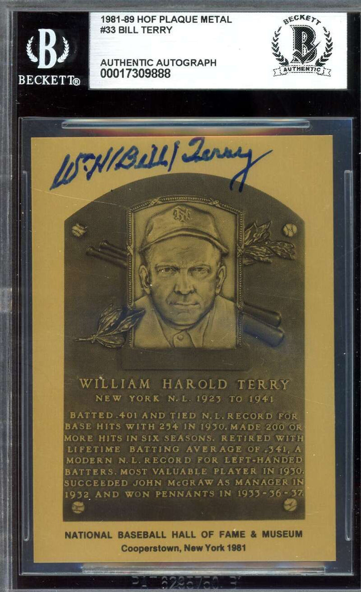 Bill Terry Beckett BAS Signed 1981-89 HOF Metallic Hall Of Fame Plaque Autograph