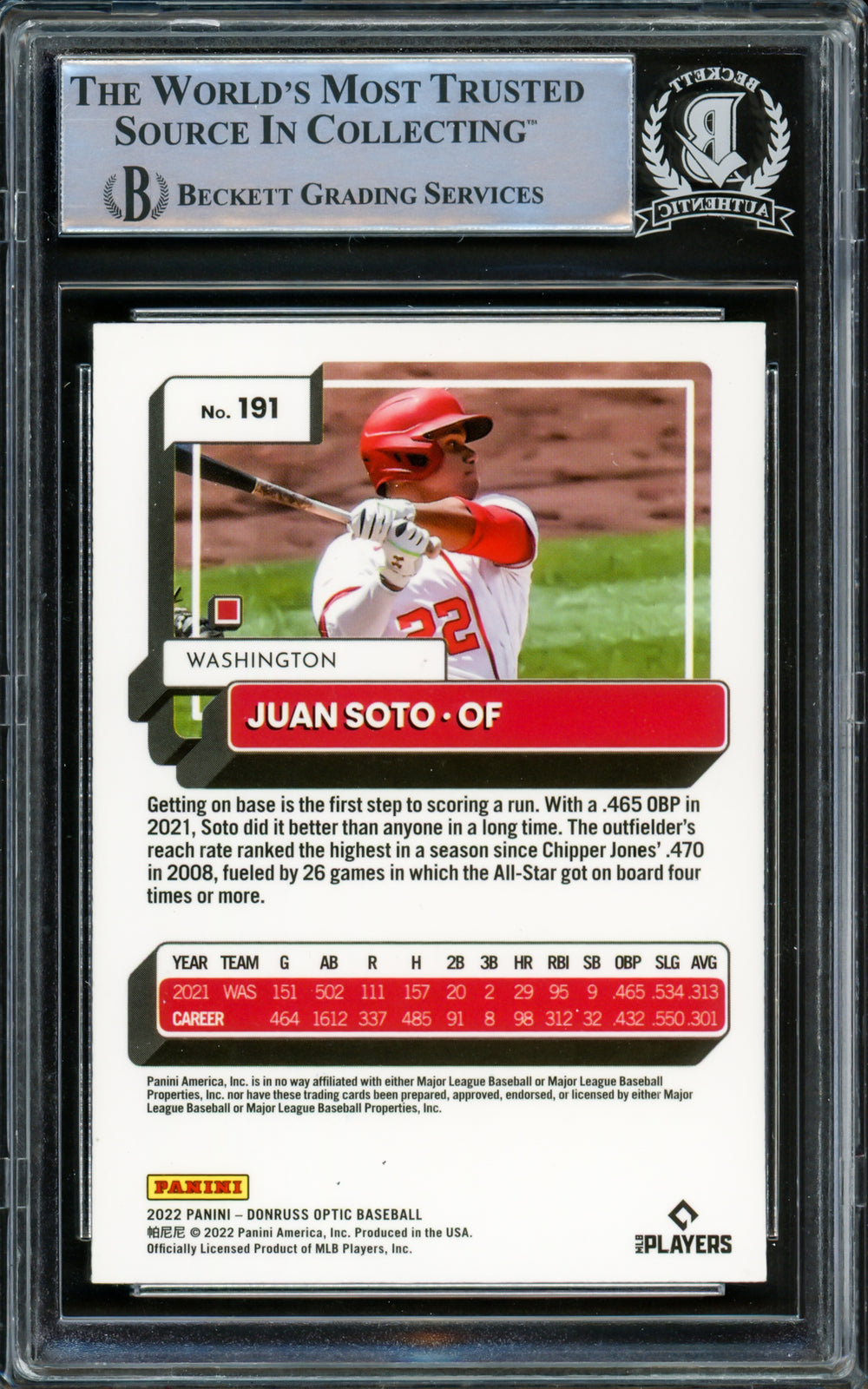 Juan Soto Autographed 2021 Donruss Optic Card #191 Yankees Beckett #15866965