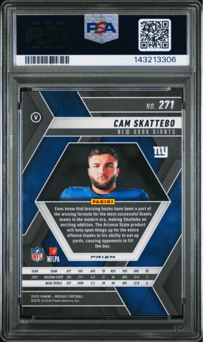 Graded 2025 Panini Mosaic Cam Skattebo 271 Reactive Blue Rookie Card PSA 10