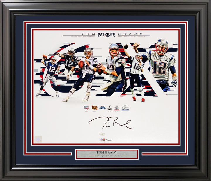 Tom Brady Signed Framed 16x20 Photo Patriots Super Bowl Collage Fanatics Holo