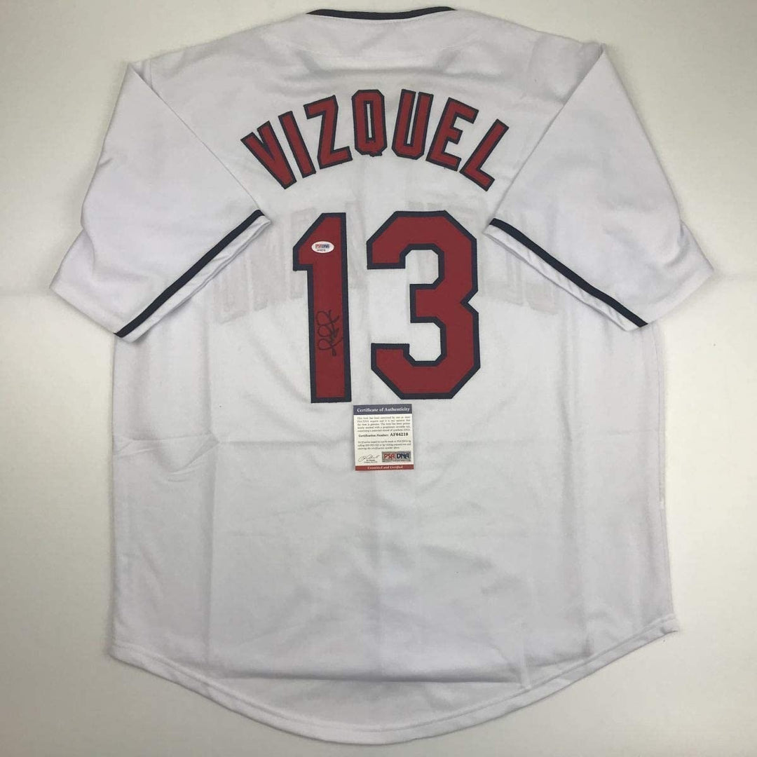 Autographed/Signed OMAR VIZQUEL Cleveland White Jersey PSA/DNA COA Auto