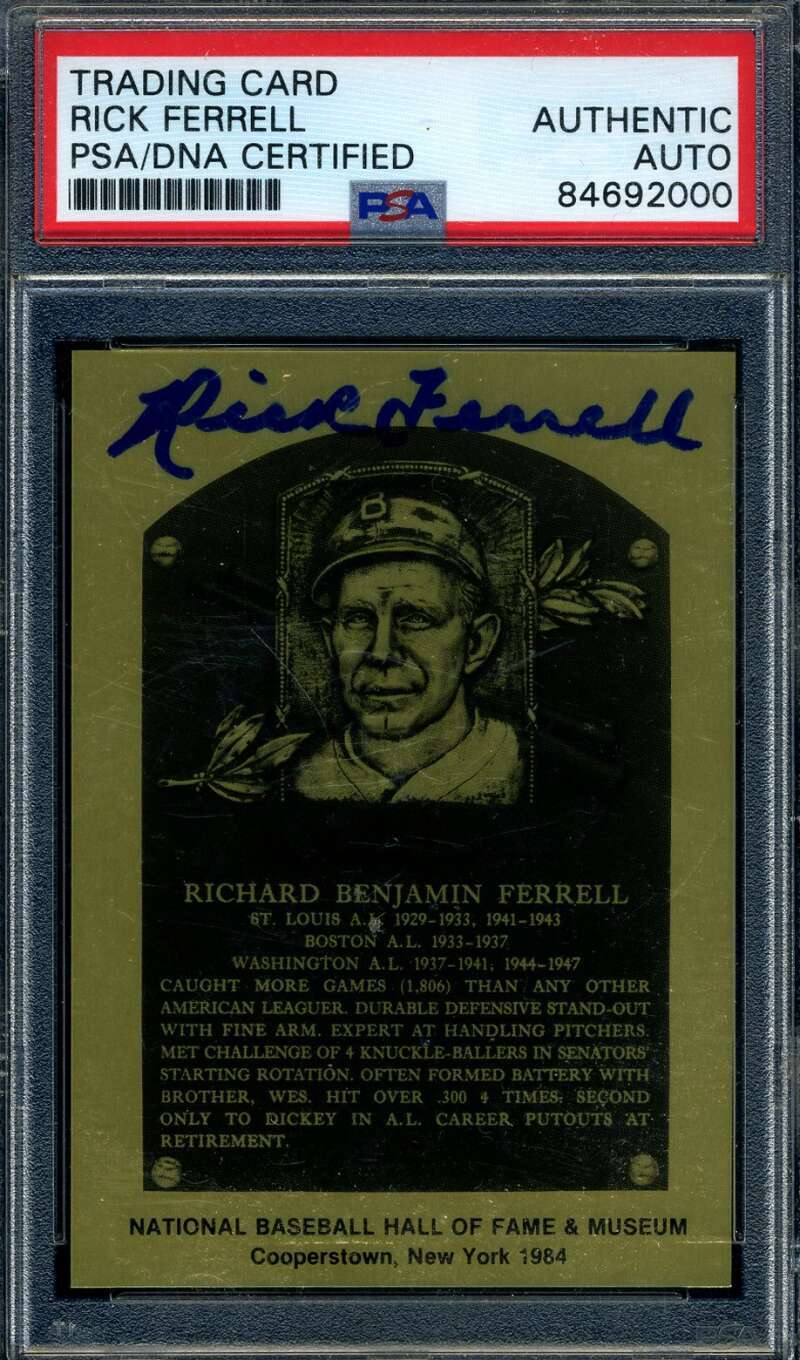 Rick Ferrell PSA DNA Signed Gold Metallic Hall of Fame Plaque Autograph