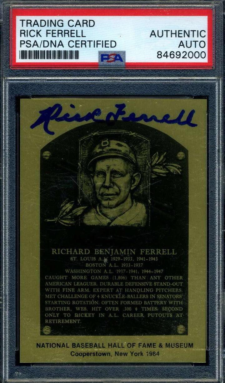 Rick Ferrell PSA DNA Signed Gold Metallic Hall of Fame Plaque Autograph