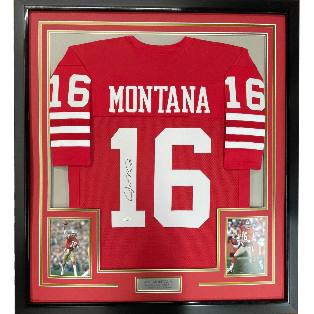 FRAMED Signed JOE MONTANA 35x39 San Francisco Red Jersey JSA COA