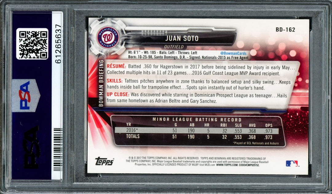 Juan Soto Signed 2017 Bowman Draft RC BDC162 Mets PSA 10 PSA/DNA #61265637