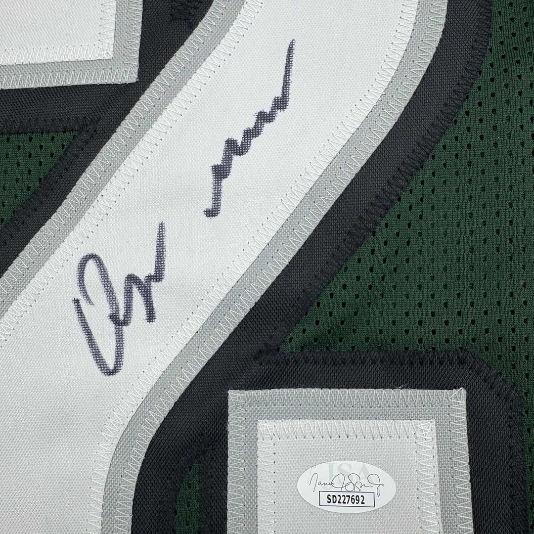 Framed Autographed/Signed Quinyon Mitchell 35x39 Green Football Jersey JSA COA