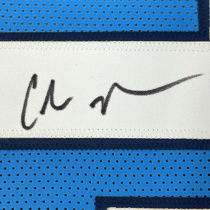 FRAMED Autographed/Signed CHRIS JOHNSON 33x42 Tennessee Pwdr Blue Jersey JSA COA