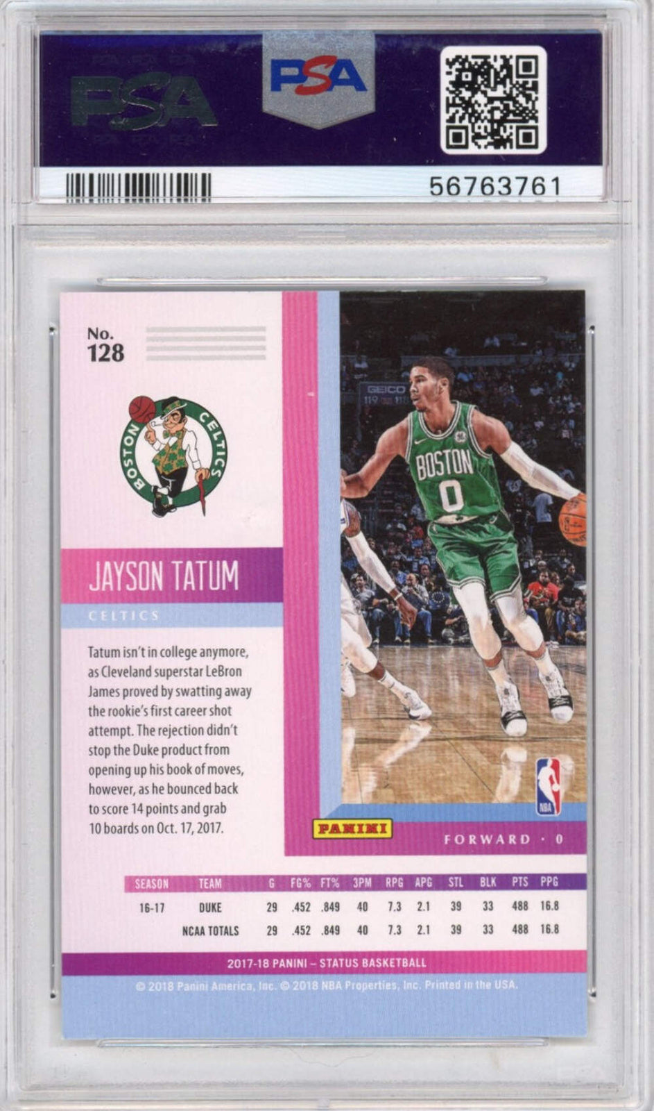 Graded 2017-18 Panini Status Jayson Tatum #128 Rookie RC Basketball Card PSA 10