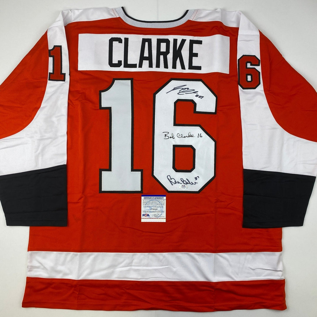 Signed LCB Line Reggie Leach Bobby Clarke Bill Barber Jersey PSA COA
