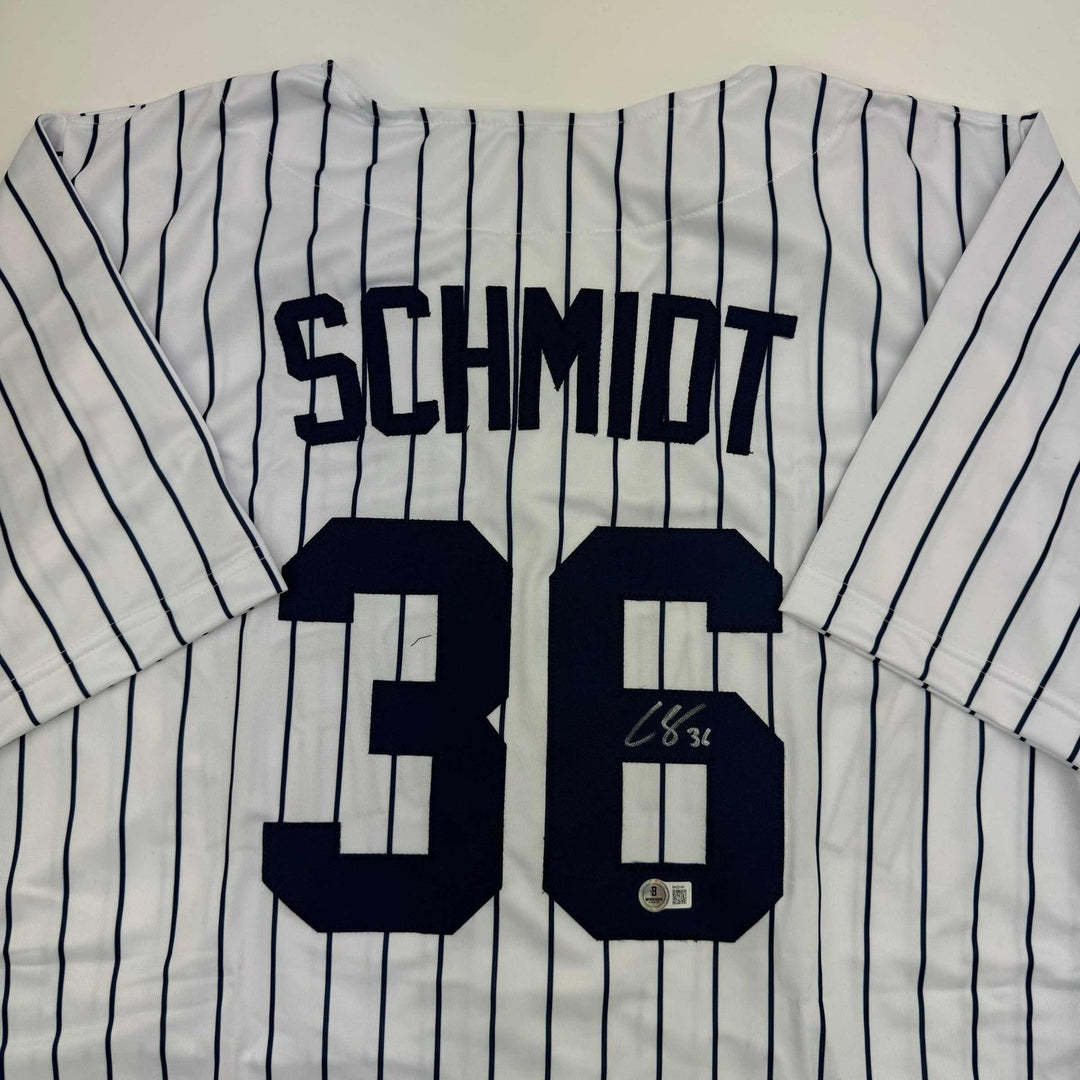 Autographed/Signed Clarke Schmidt New York Pinstripe Jersey BAS COA