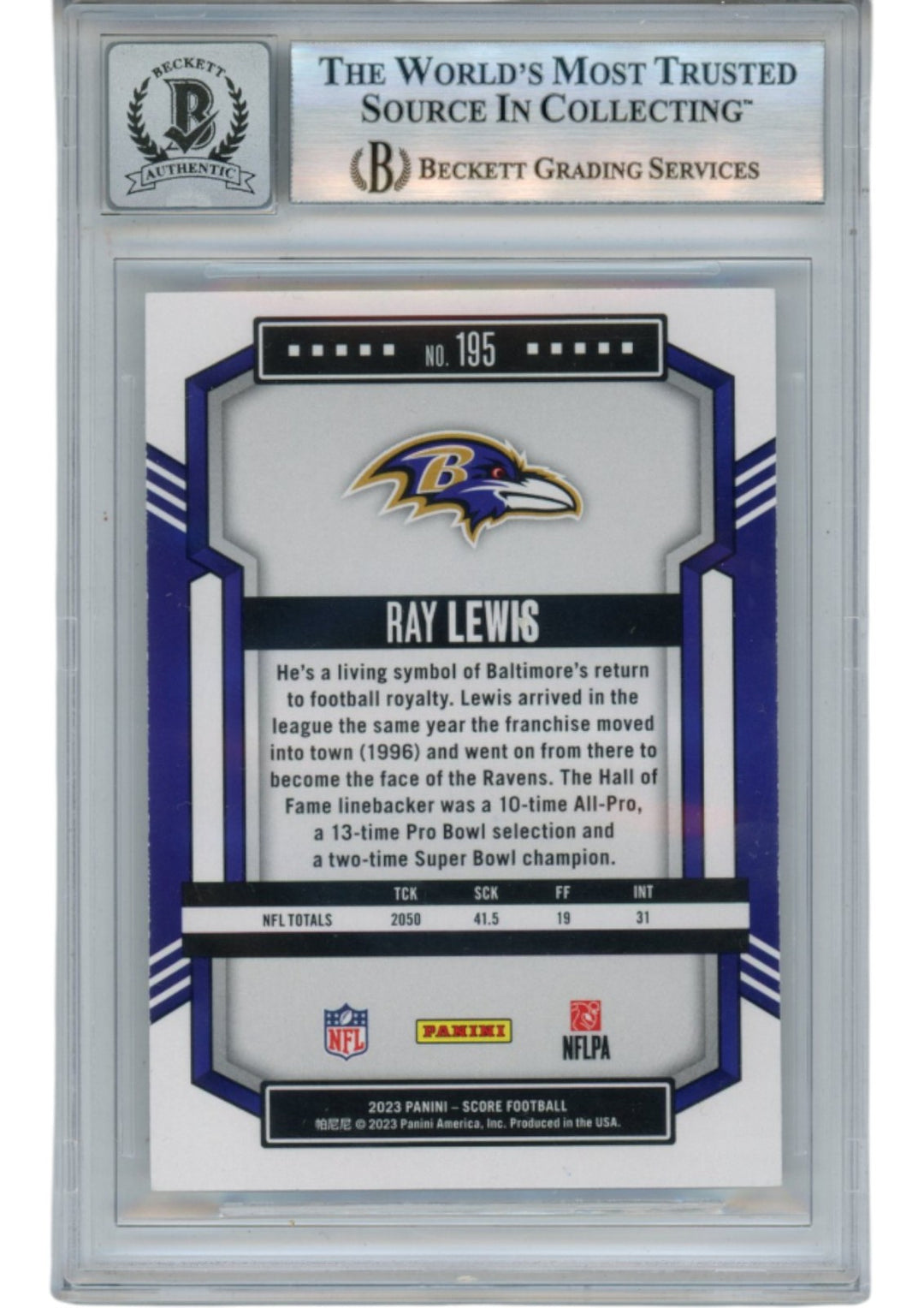 Ray Lewis Autographed/Signed 2023 Score #195 Trading Card Beckett 53020