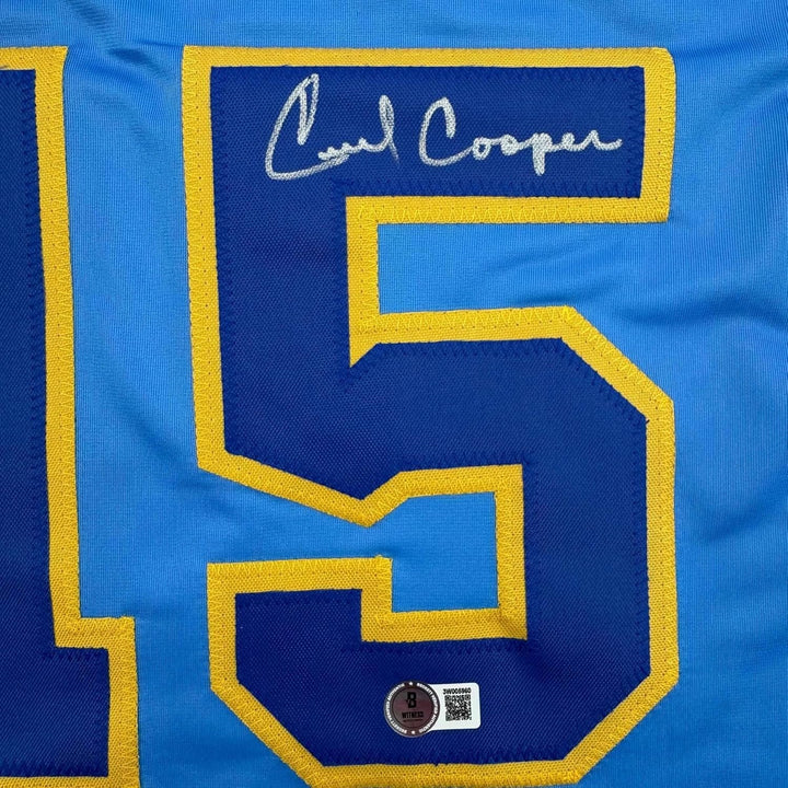 Framed Autographed/Signed Cecil Cooper 35x39 Milwaukee Blue Jersey BAS COA