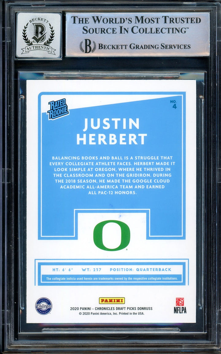 Justin Herbert Signed 2020 Donruss Rated RC 4 Oregon Ducks Auto GM 10 Beckett