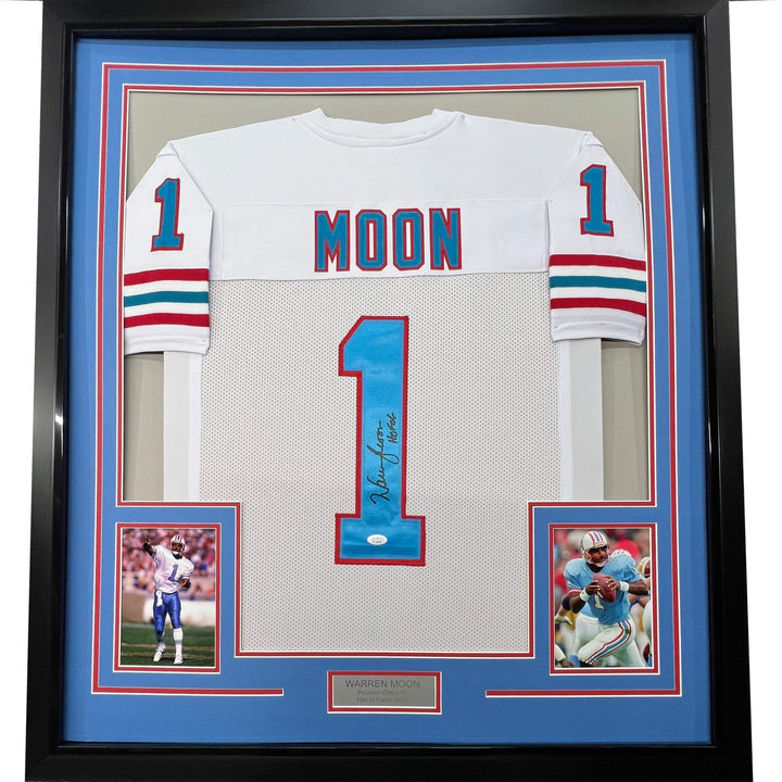 Framed Autographed/Signed Warren Moon 33x42 HOF 06 Houston White Jersey JSA COA