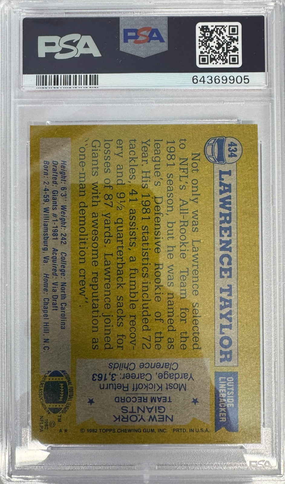 Graded 1982 Topps Lawrence Taylor #434 Rookie RC Football Card PSA 8 Near Mint