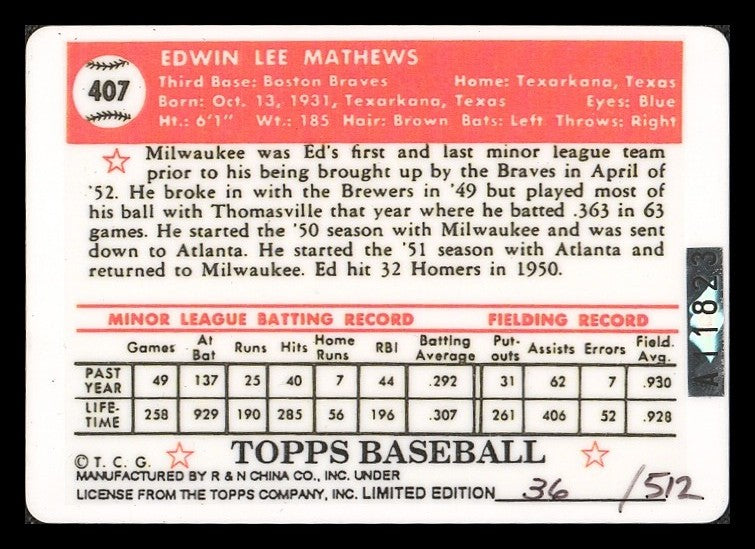 Eddie Mathews Signed Porcelain Baseball Card Set Milwaukee Braves 3 Signed