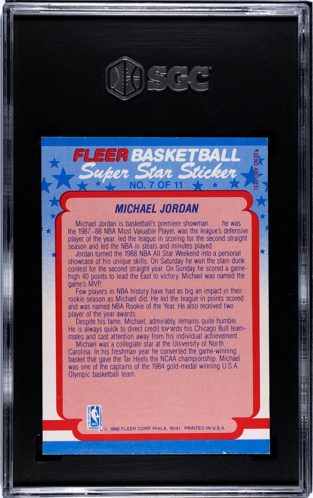 Michael Jordan 1988-89 Fleer Sticker/Card #7- SGC Graded 6.5 EX-MT+ (Bulls/HOF)