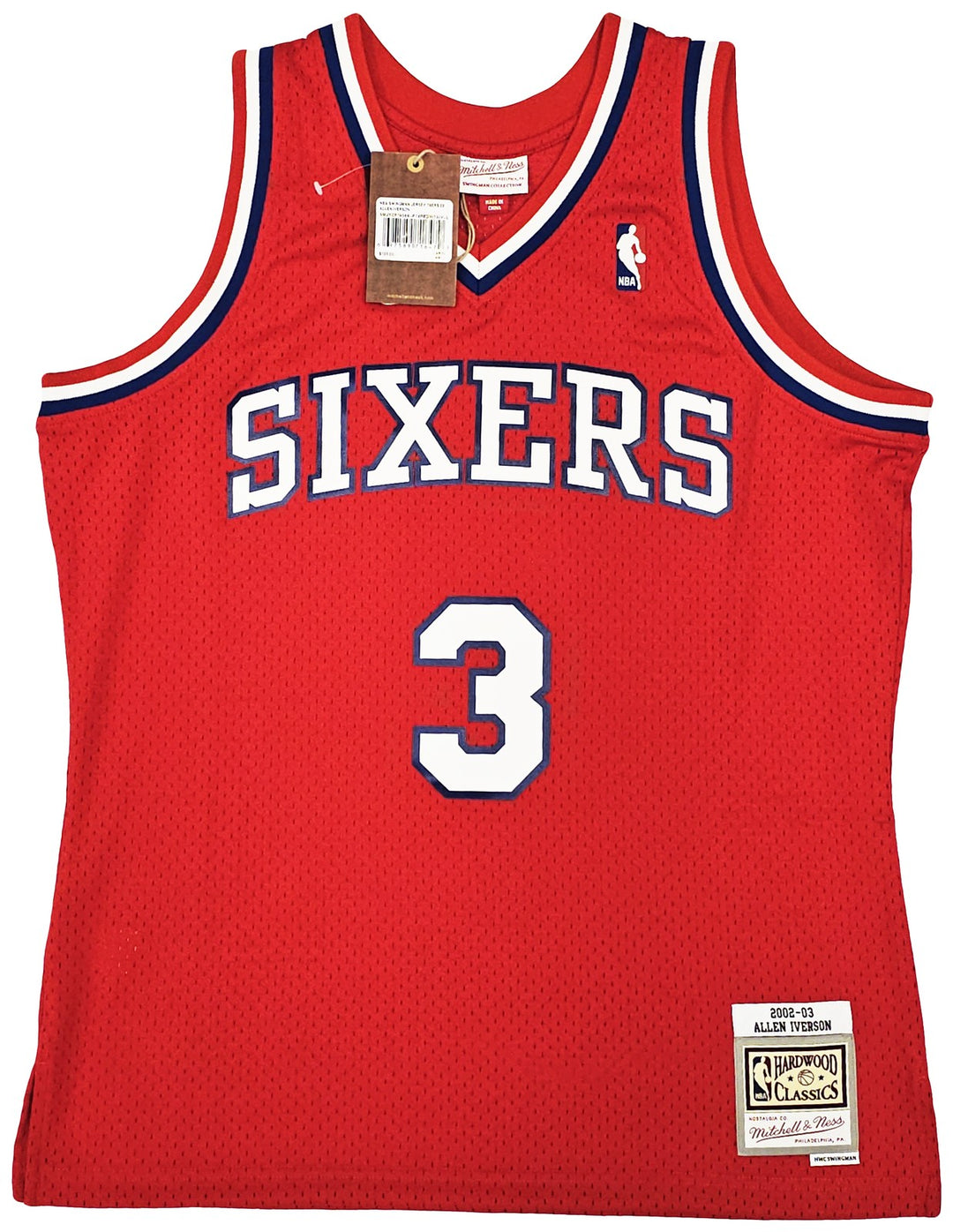 76ers Allen Iverson Auto Red Auth Mitchell Ness 02-03 HWC Swingman Jersey L BAS