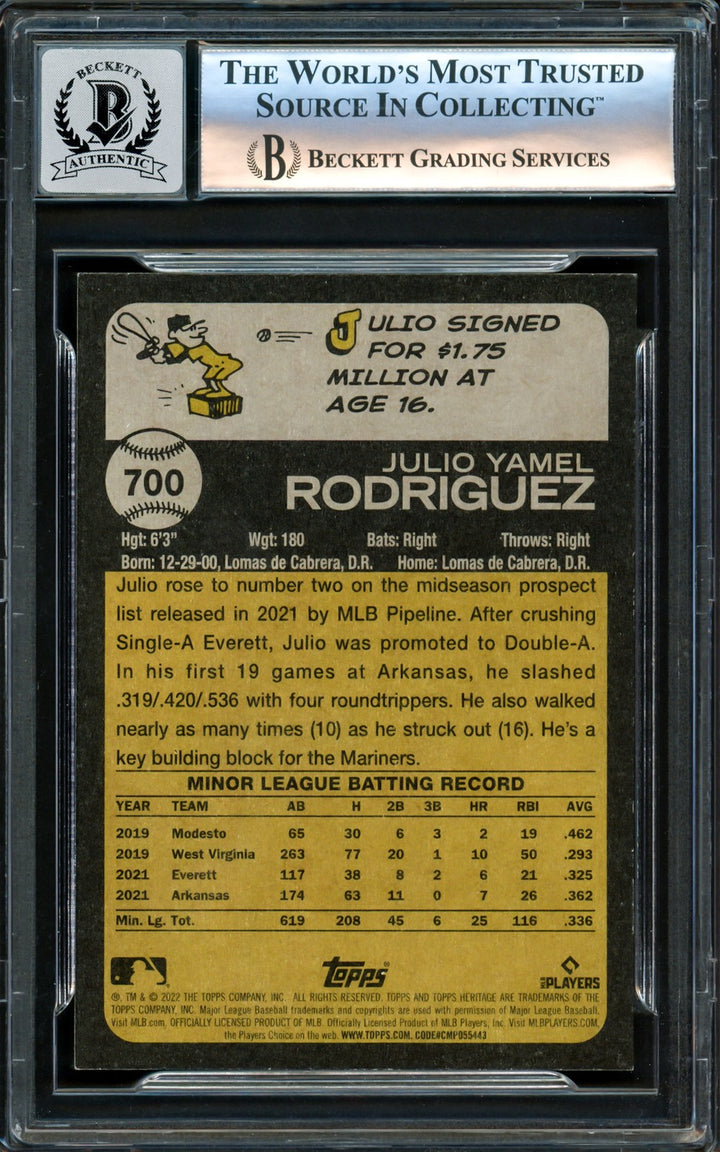 Julio Rodriguez Signed 2022 Topps Heritage RC 700 Mariners Auto GM 10 Beckett