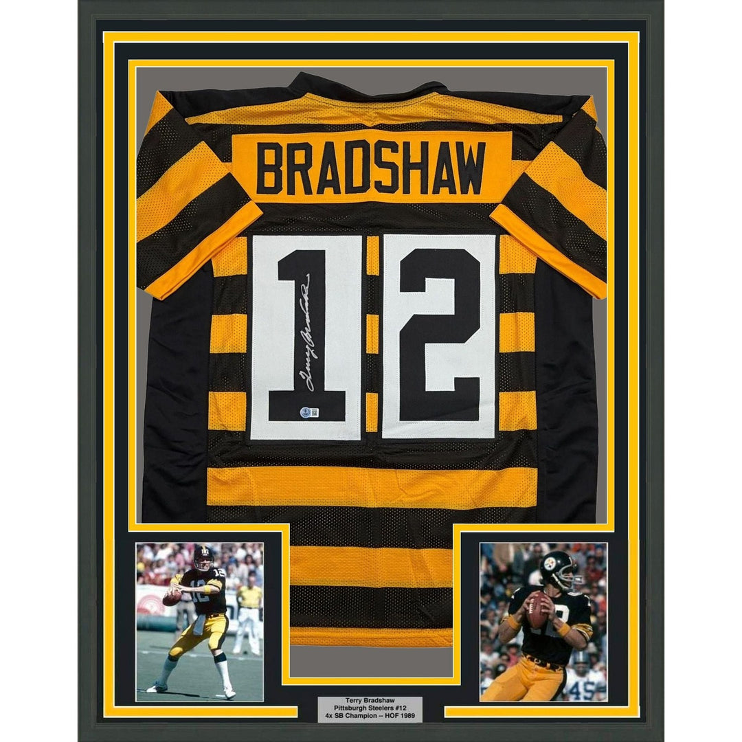 Framed Signed Terry Bradshaw 35x39 Pittsburgh Bumble Bee Jersey Beckett COA
