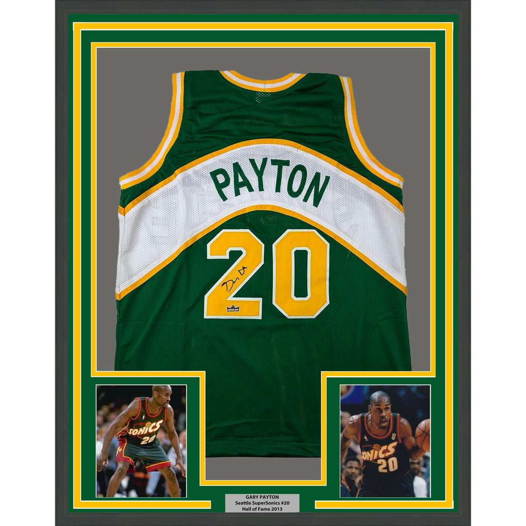 Framed Facsimile Autographed Gary Payton 33x42 Green Reprint Laser Auto Jersey