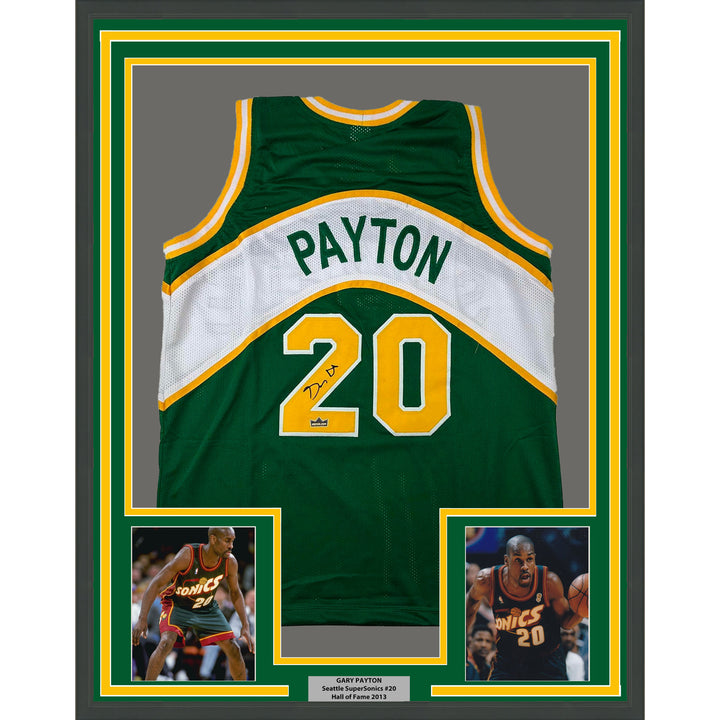 Framed Facsimile Autographed Gary Payton 33x42 Green Reprint Laser Auto Jersey