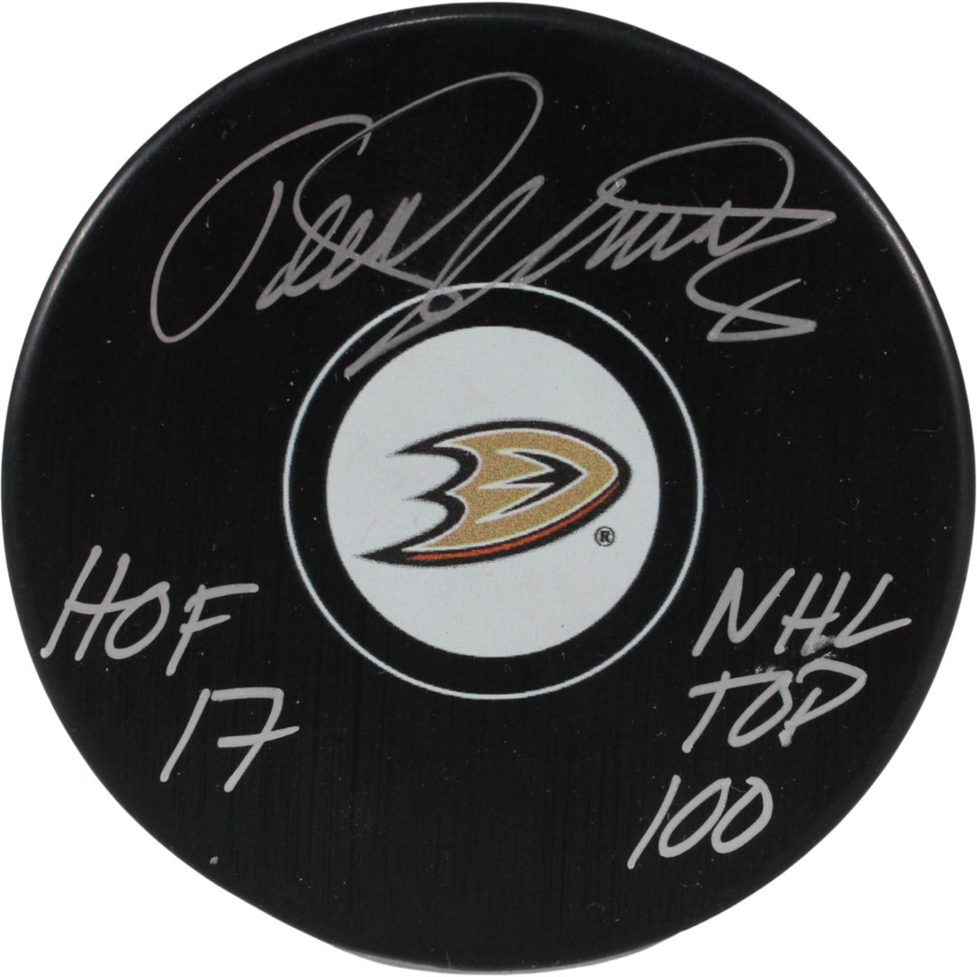 Teemu Selanne Autographed Anaheim Ducks Logo Puck NHL Top 100 HOF JSA 53947