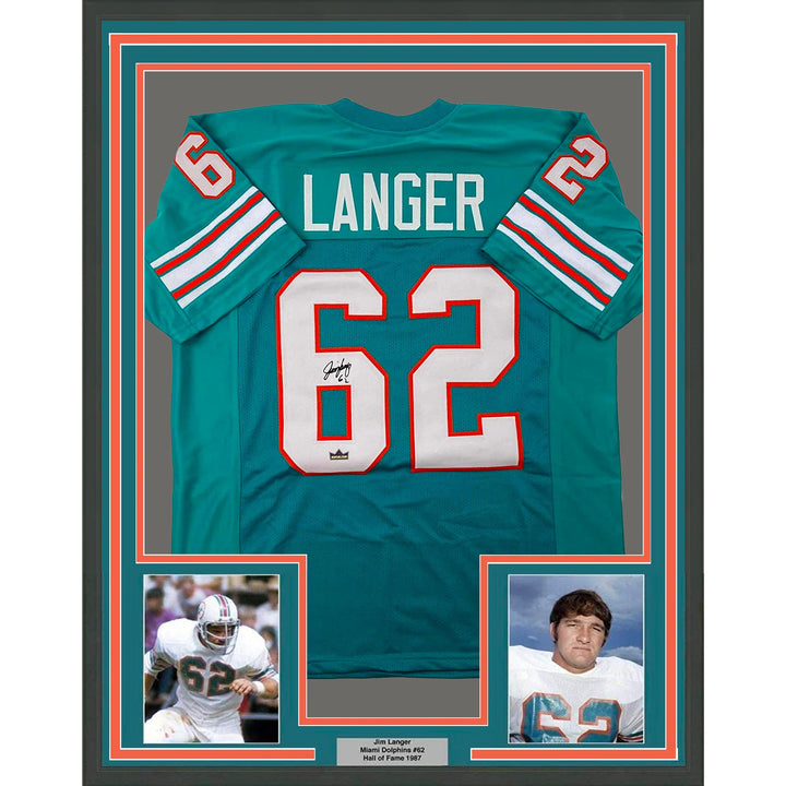 Framed Facsimile Autographed Jim Langer 33x42 Teal Reprint Laser Auto Jersey