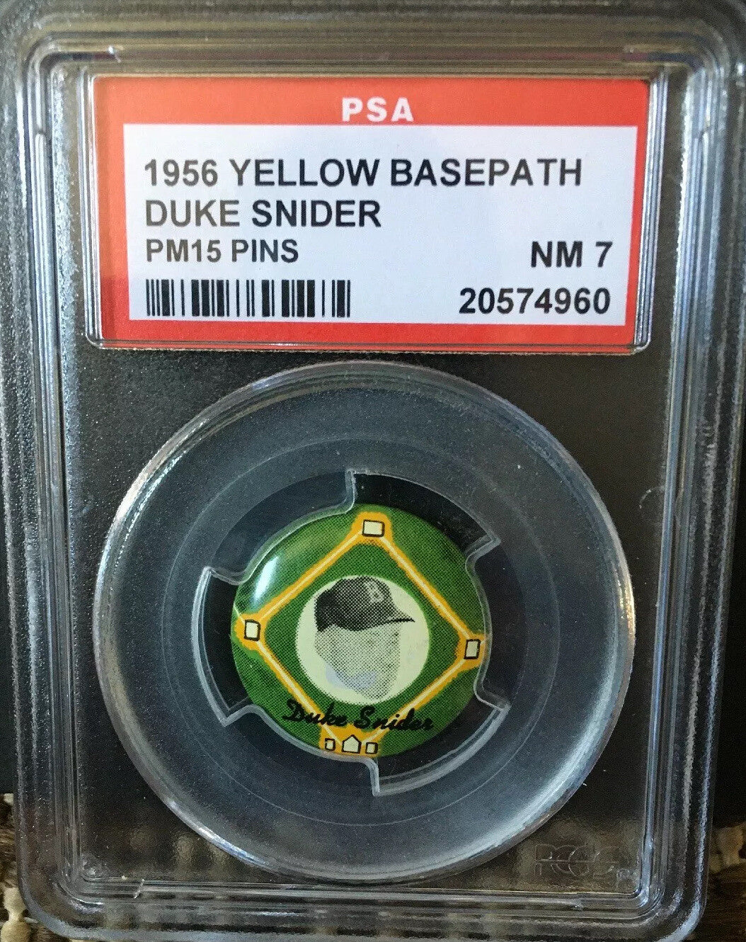 Duke Snider 1956 Yellow Basepath Pin PSA 7 Mint Brooklyn Dodgers RARE pm15 HOF