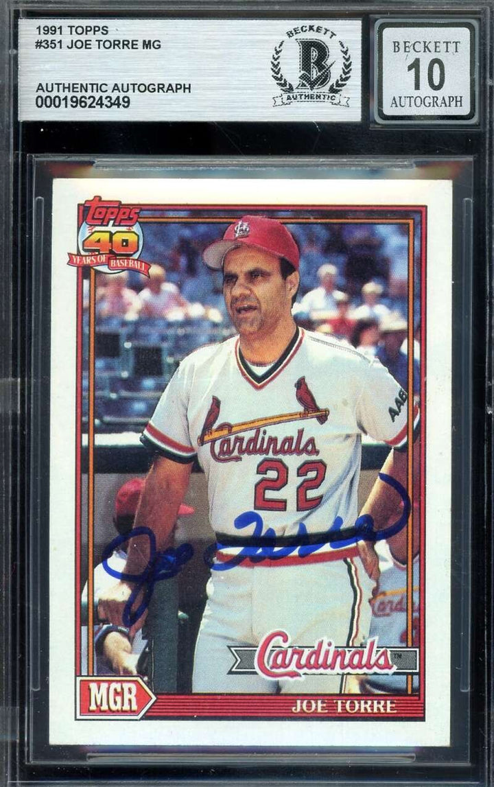Joe Torre Gem Mint 10 Beckett BAS Signed 1991 Topps Autograph Cardinals