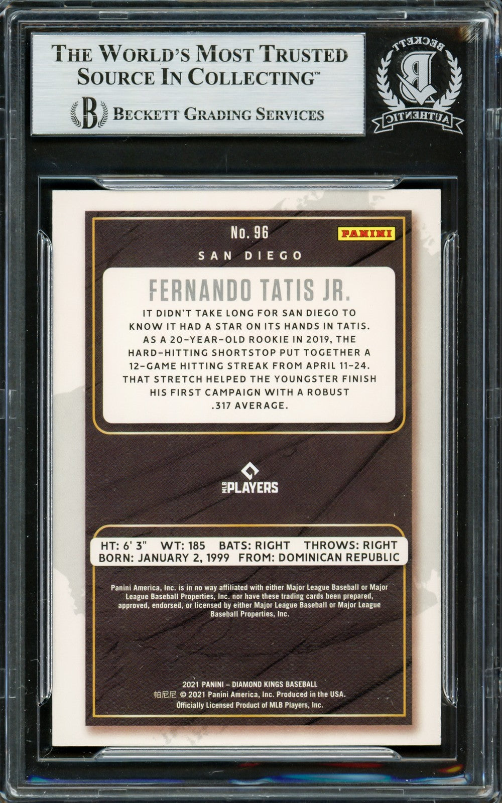 Fernando Tatis Jr. Signed 2021 Diamond Kings Card 96 San Diego Padres Beckett