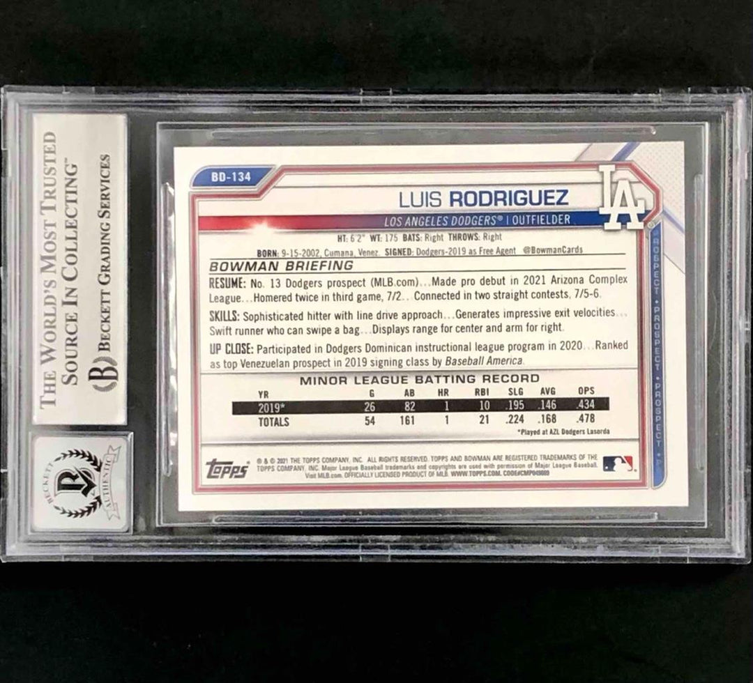 Luis Rodriguez signed 2021 Bowman Draft RC rookie card autograph BAS BGS 10 Auto