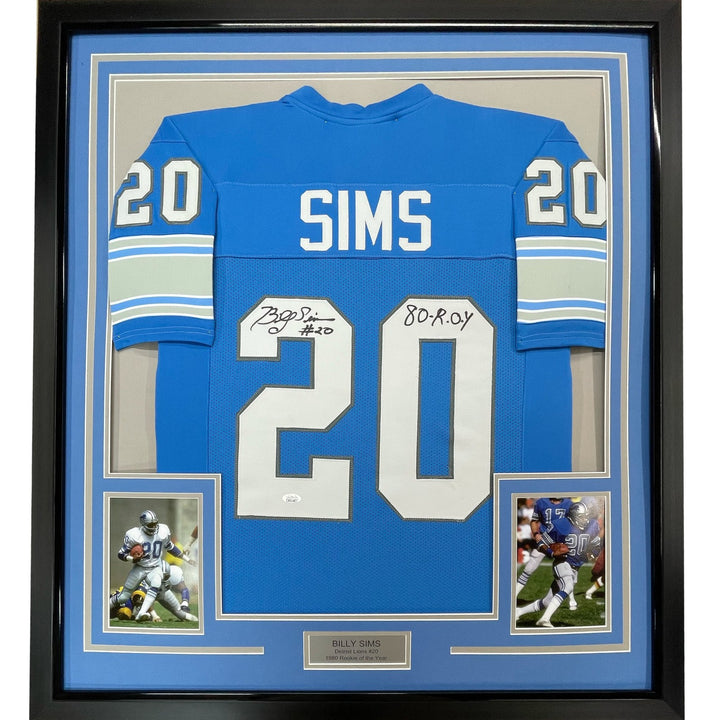 Framed Signed Billy Sims 80 ROY 35x39 Detroit Blue Jersey JSA COA