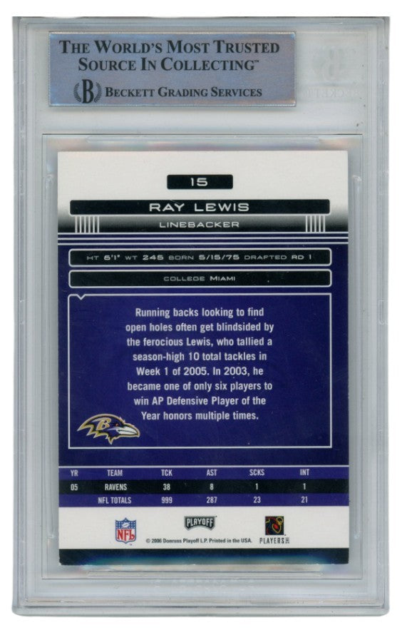 Ray Lewis Autographed/Signed 2006 Absolute #15 Trading Card Slab Beckett 52688