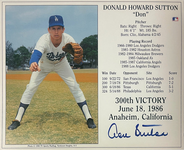 Don Sutton signed Dodgers MLB 300th Victory 6/18/1986 8x10 Photo/Card- COA