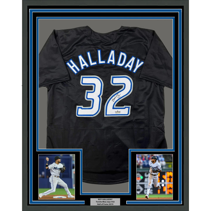 Framed Facsimile Autographed Roy Halladay 33x42 Black Reprint Laser Auto Jersey