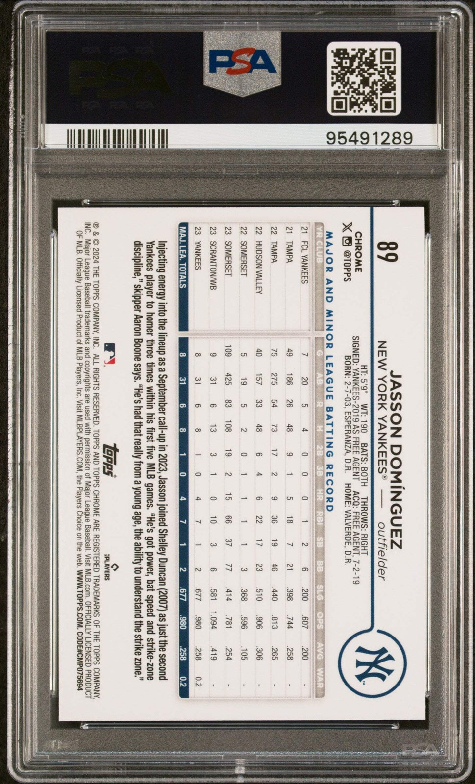 Graded 2024 Topps Chrome Jasson Dominguez #89 Rookie RC Baseball Card PSA 10 Gem