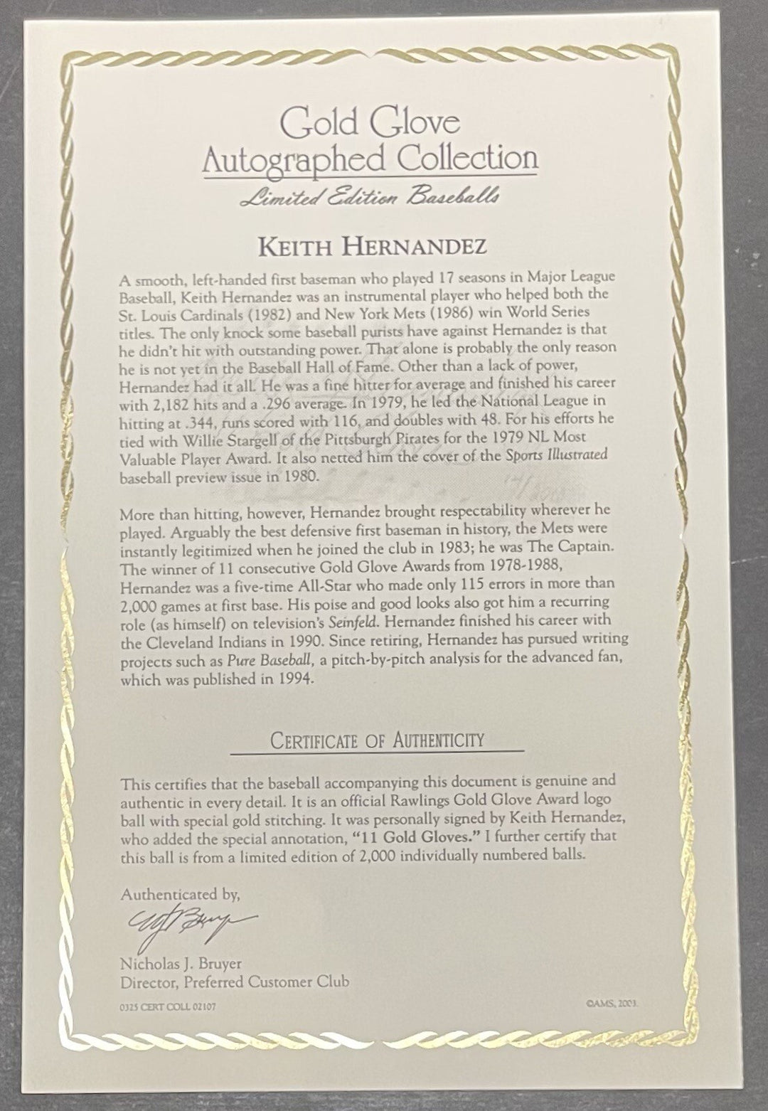 Keith Hernandez Signed Mlb Gold Glove Baseball 11 Gold Gloves Auto Mets Steiner