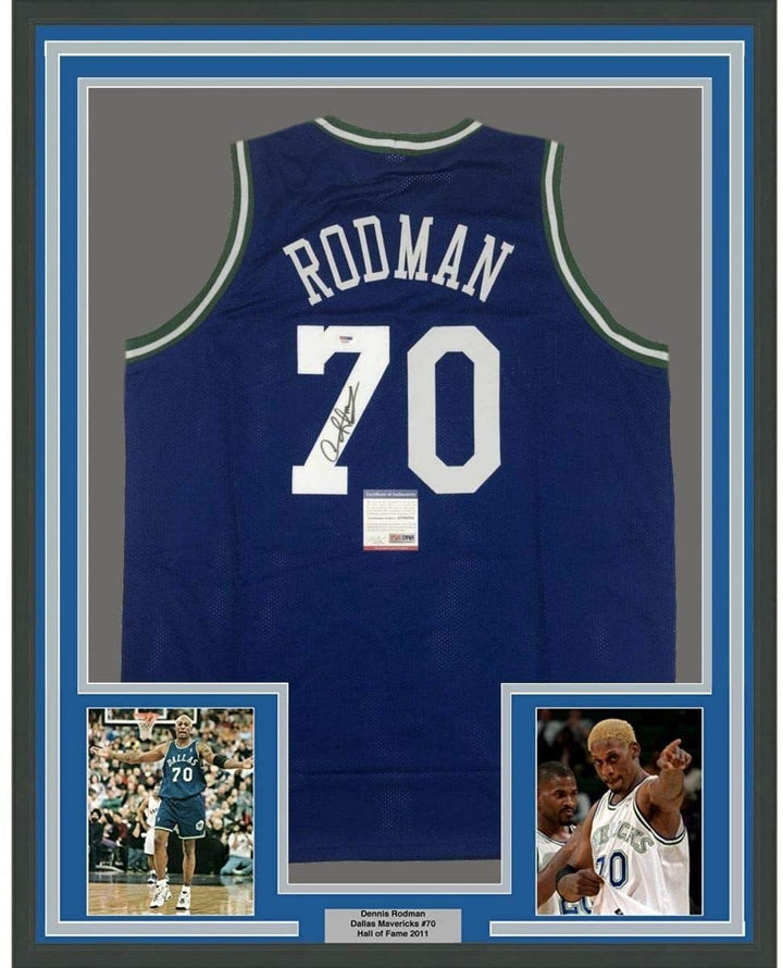 Framed Autographed/Signed Dennis Rodman 35x39 Dallas Blue Jersey PSA COA