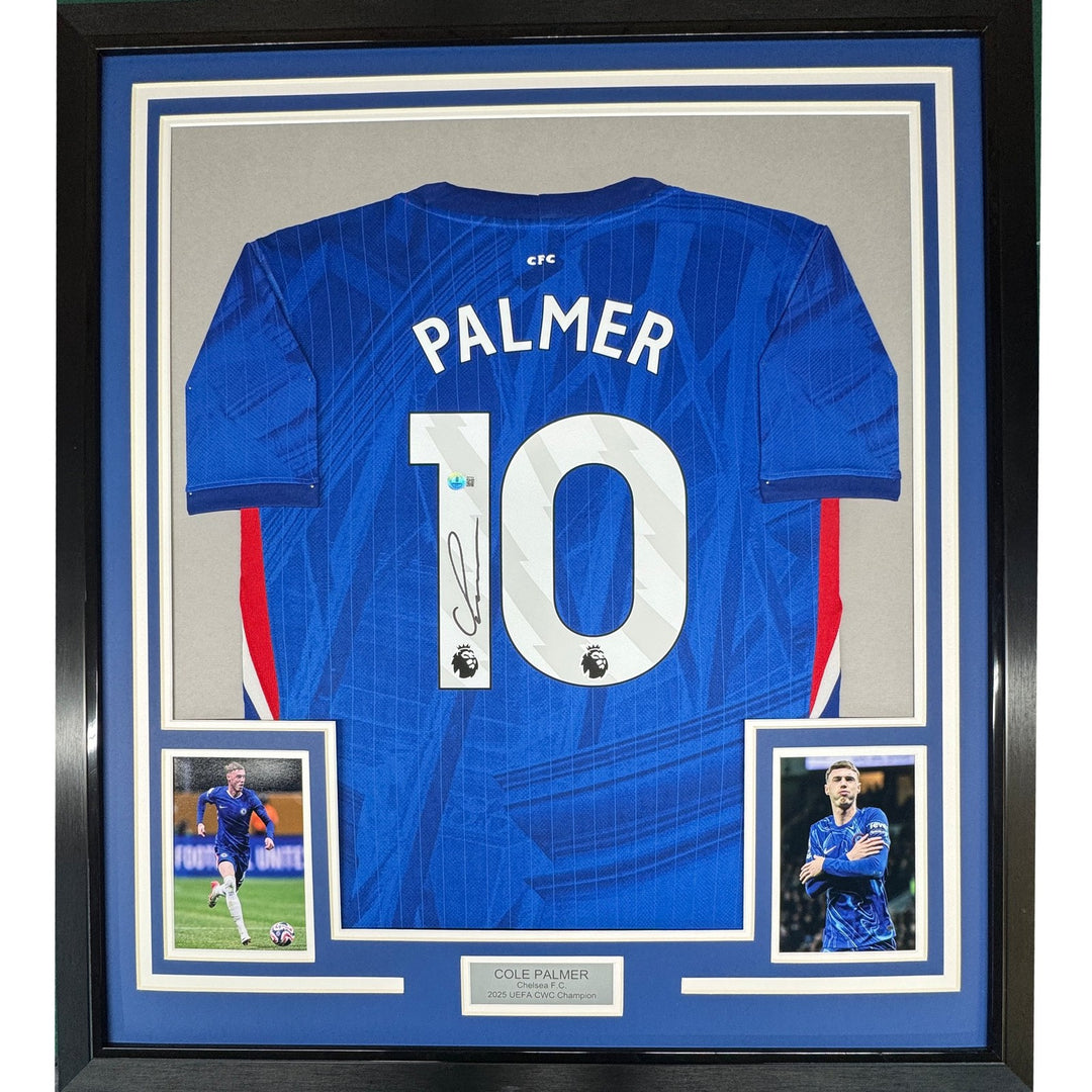 Framed Autographed/Signed Cole Palmer 35x39 Chelsea Blue Jersey Beckett COA