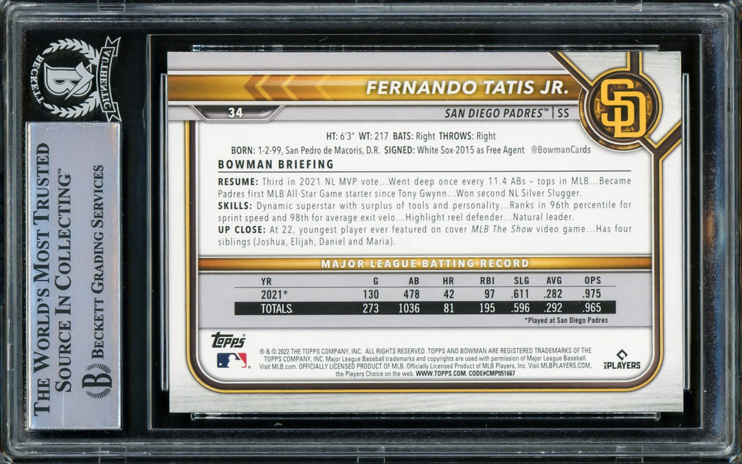 Fernando Tatis Jr. Signed 2022 Bowman Card 34 San Diego Padres Beckett