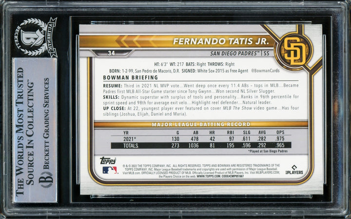 Fernando Tatis Jr. Signed 2022 Bowman Card 34 San Diego Padres Beckett