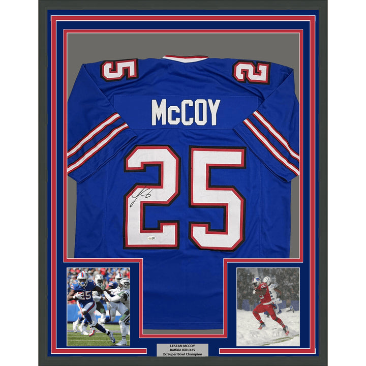 Framed Autographed LeSean McCoy 35x39 Buffalo Blue Football Jersey JSA COA