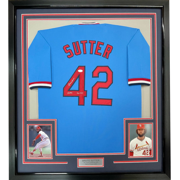 FRAMED Signed BRUCE SUTTER HOF 35x39 St. Louis Blue Jersey JSA COA