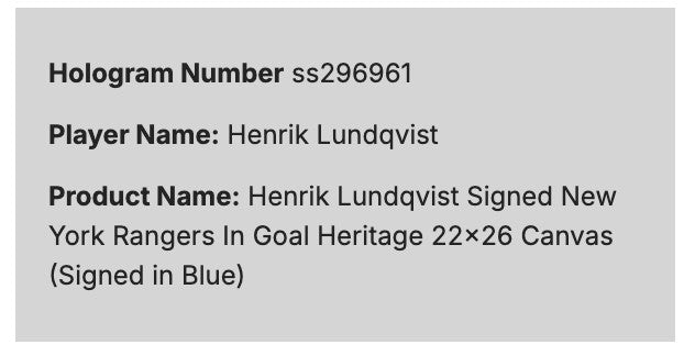 Henrik Lundqvist Signed Framed Stretched Canvas Rangers Net Cam Auto Steiner COA