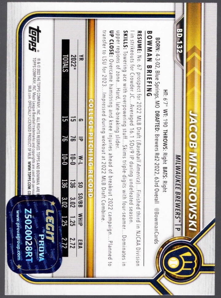 2022 Bowman Draft Jacob Misiorowski #BD132 Auto RC Baseball Card Prova Cert