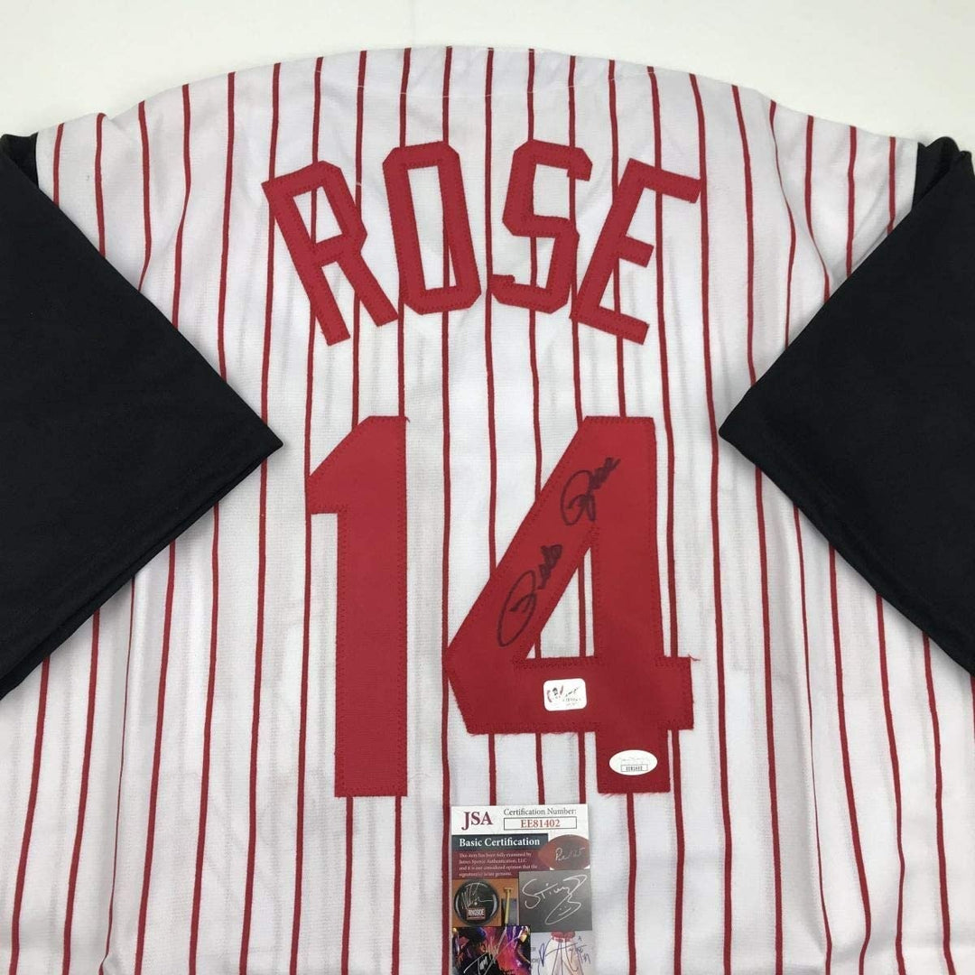 Autographed/Signed PETE ROSE Cincinnati Pinstripe Jersey JSA COA Auto